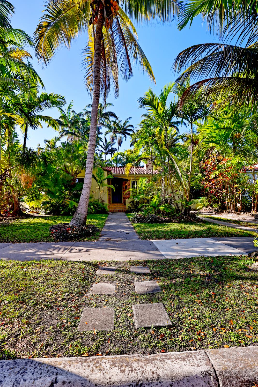 Palm-lined garden walkway in the private backyard